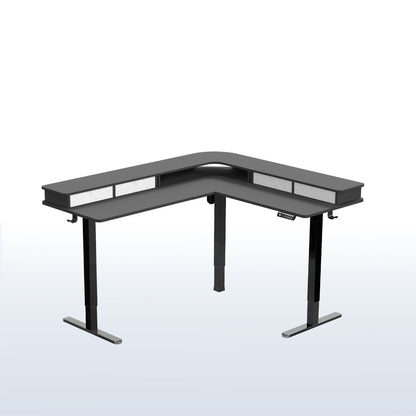 Dual-tier height adjustable electric corner desk with built-in shelving