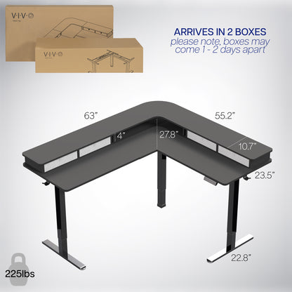 Dual-tier height adjustable electric corner desk with built-in shelving