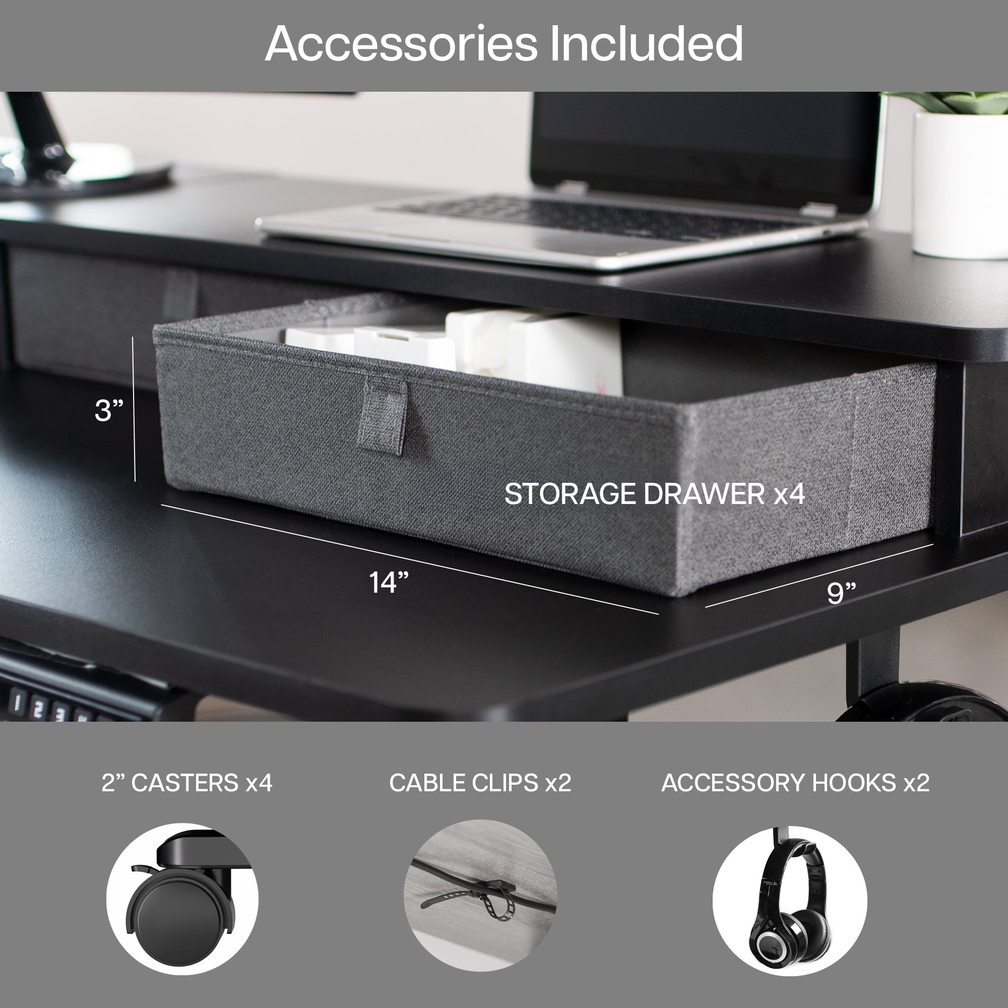 Desk includes lockable caster wheels, cable clips, accessory hooks, and storage drawers