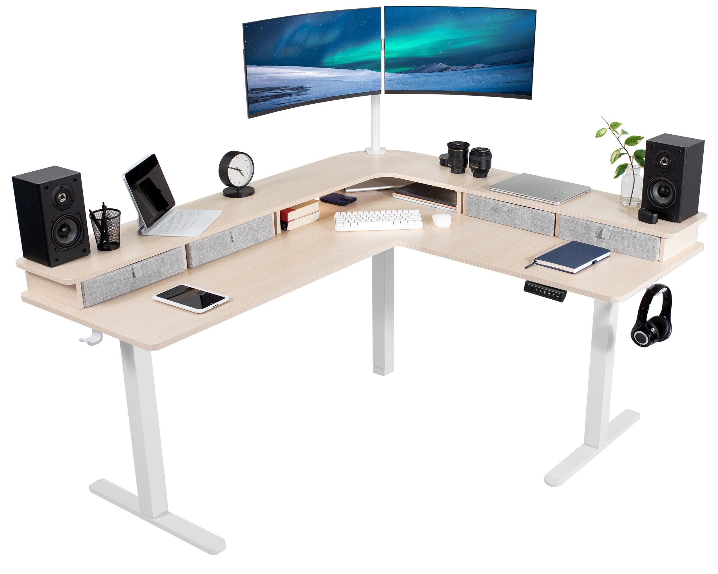 Dual-tier height adjustable electric corner desk with built-in shelving