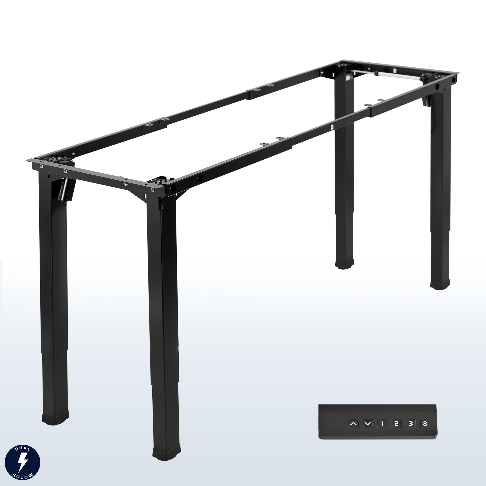Sturdy electric desk frame with heavy-duty 4-leg design. Height adjustment with 3-setting memory controller, and frame width adjustment to personalize your workstation.