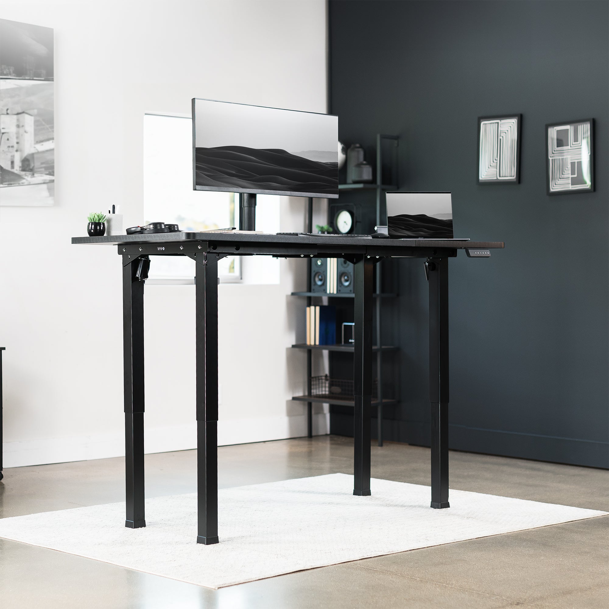 Sturdy electric desk frame with heavy-duty 4-leg design. Height adjustment with 3-setting memory controller, and frame width adjustment to personalize your workstation.