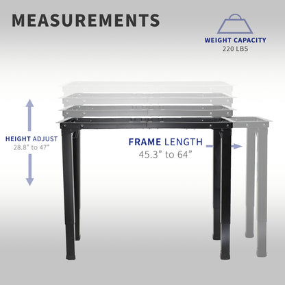 Sturdy electric desk frame with heavy-duty 4-leg design. Height adjustment with 3-setting memory controller, and frame width adjustment to personalize your workstation.