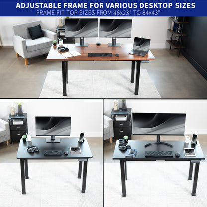 Sturdy electric desk frame with heavy-duty 4-leg design. Height adjustment with 3-setting memory controller, and frame width adjustment to personalize your workstation.