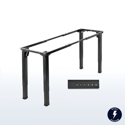 Sturdy electric desk frame with heavy-duty 4-leg design. Height adjustment with 3-setting memory controller, and frame width adjustment to personalize your workstation.
