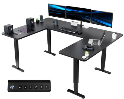 Heavy-duty spacious height adjustable U-shaped electric desk with programmable memory controller.