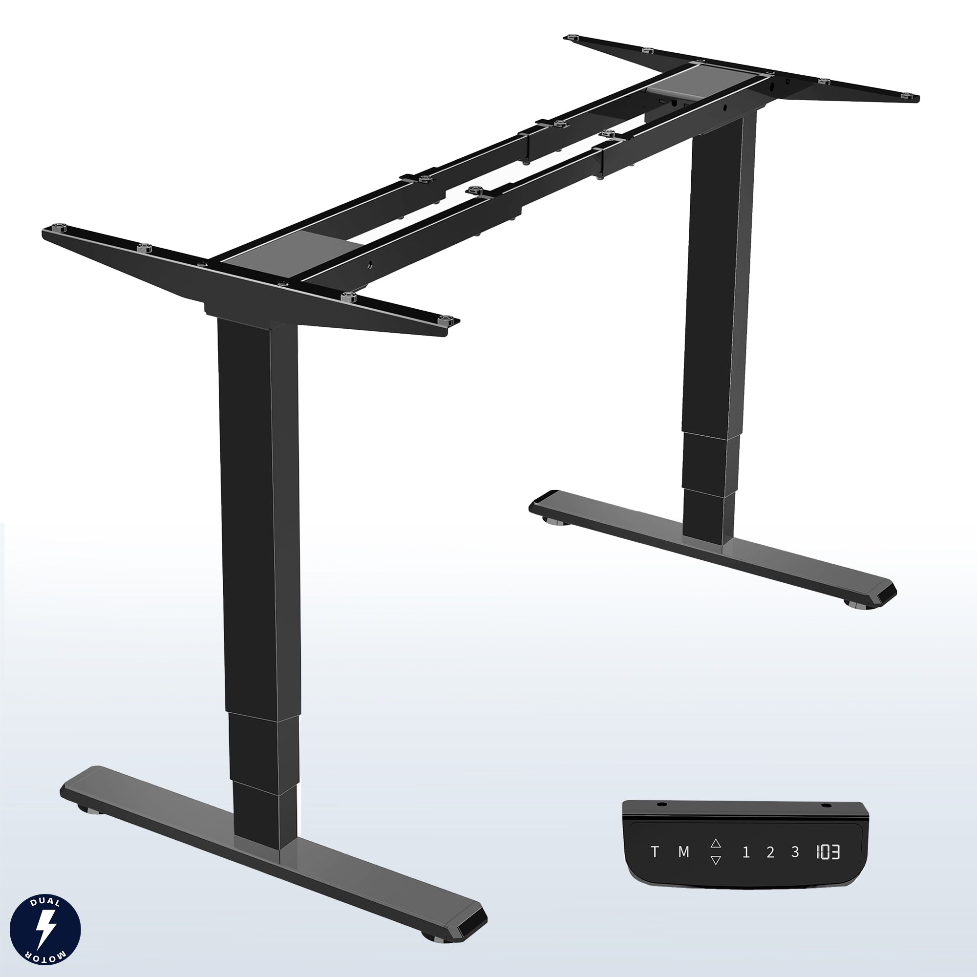 Electric height adjustable dual motor desk frame with programmable memory controller.