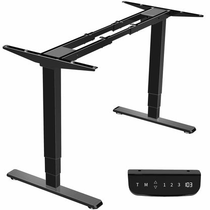 Electric height adjustable dual motor desk frame with programmable memory controller.