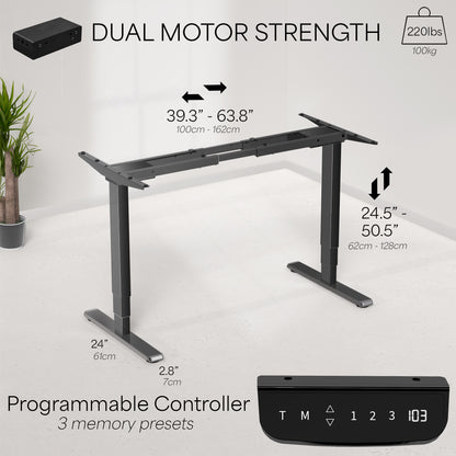 Electric height adjustable dual motor desk frame with programmable memory controller.