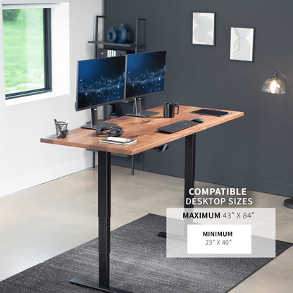 Electric height adjustable dual motor desk frame with programmable memory controller.