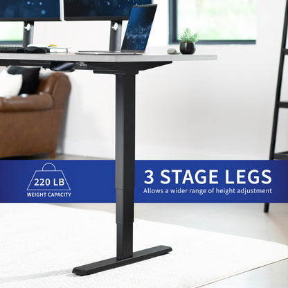 Electric height adjustable dual motor desk frame with programmable memory controller.