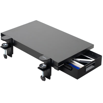 Sturdy sleek clamp-on desk extender with pull-out storage drawer. Can be mounted anywhere on desk.