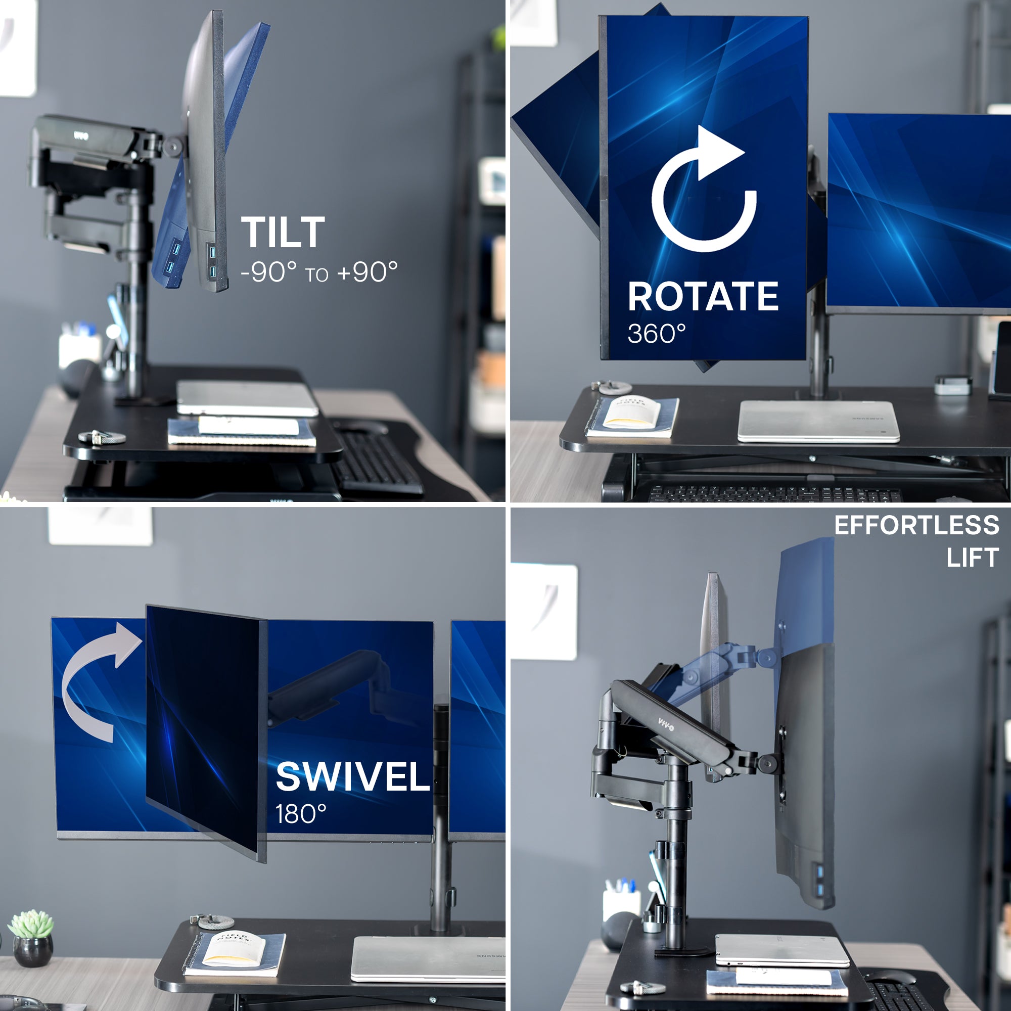 36 inch height adjustable desk riser with articulating mechanical dual monitor mount.