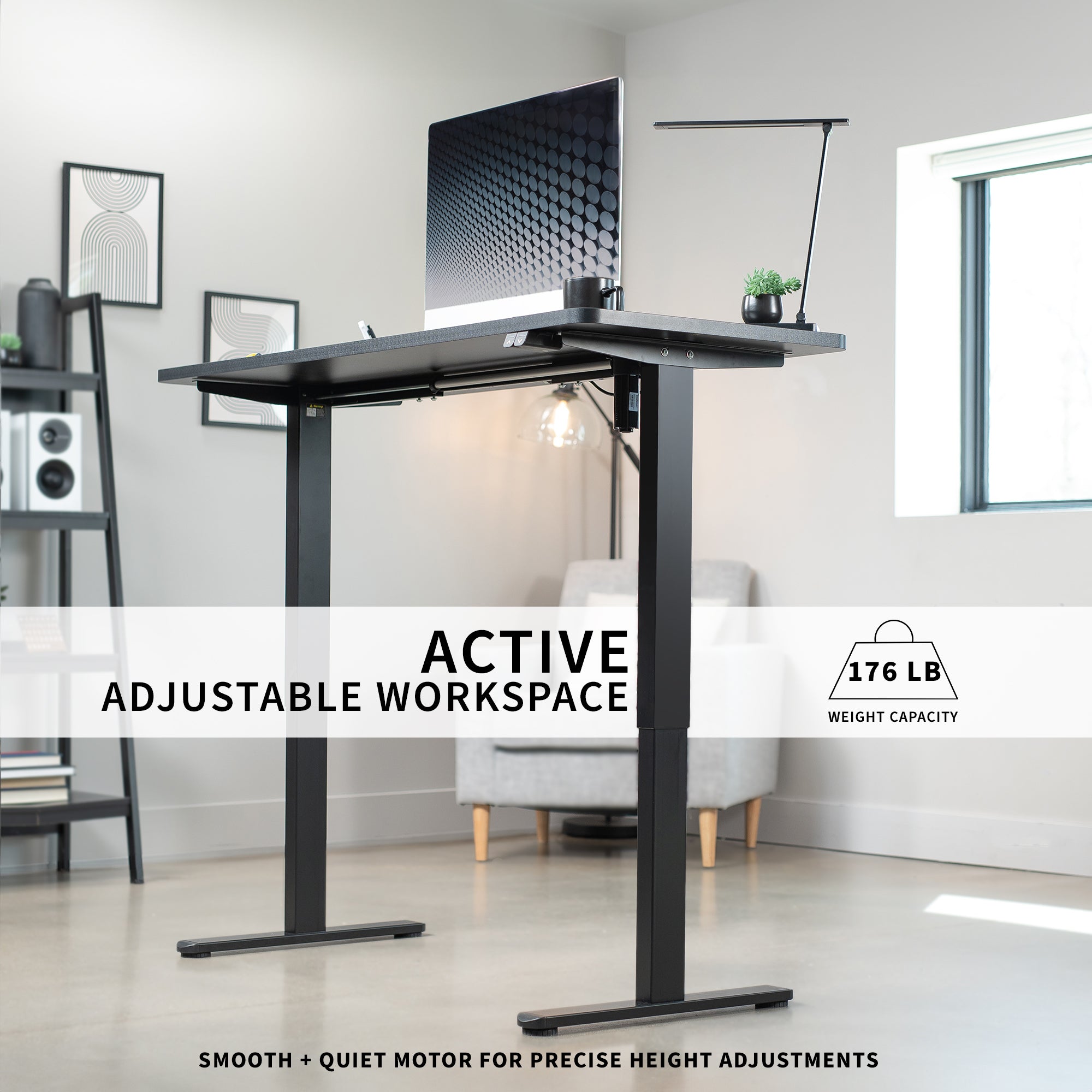 Wide surface sturdy sit or stand active workstation with adjustable height using 2 button control panel.