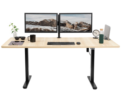 Wide surface sturdy sit or stand active workstation with adjustable height using 2 button control panel.