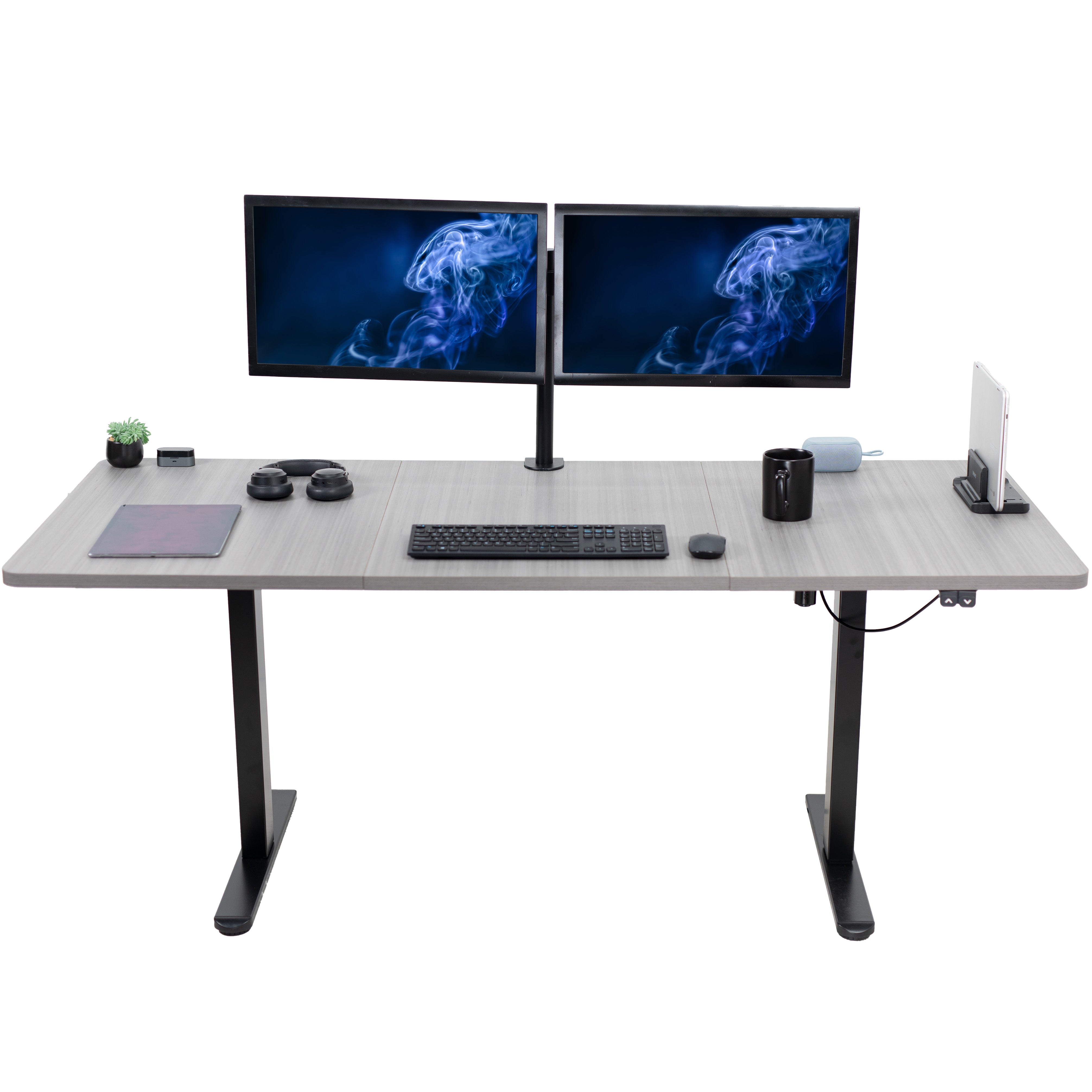 Wide surface sturdy sit or stand active workstation with adjustable height using 2 button control panel.