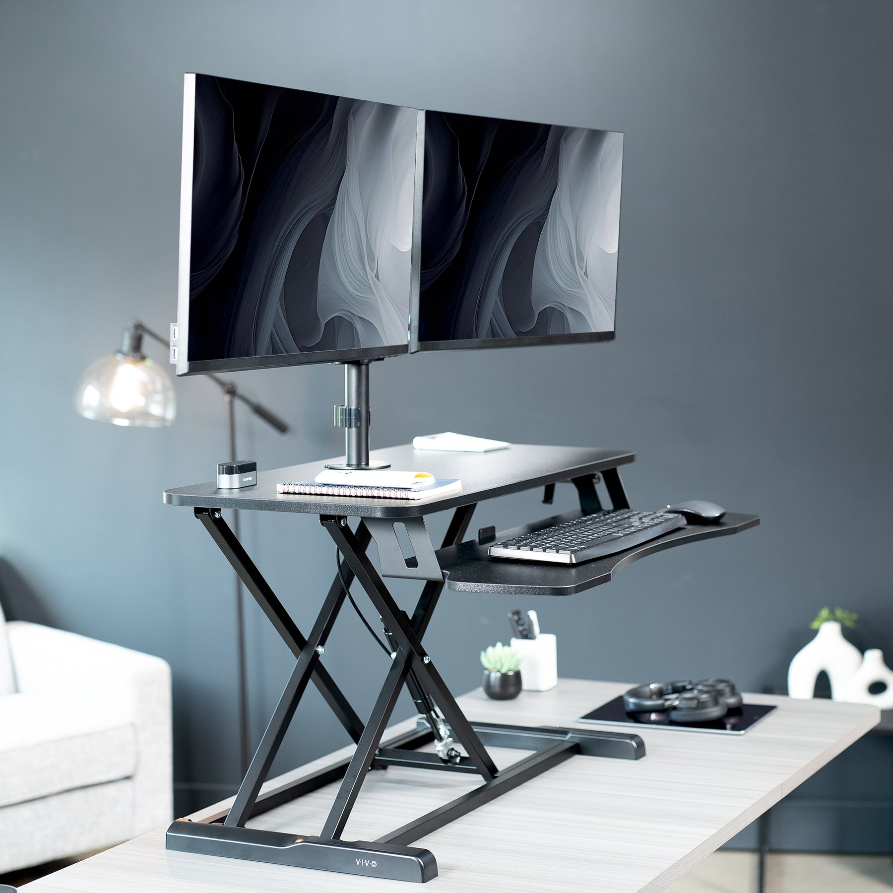 Black Desk Riser with Pneumatic Dual Monitor Mount – VIVO - desk ...
