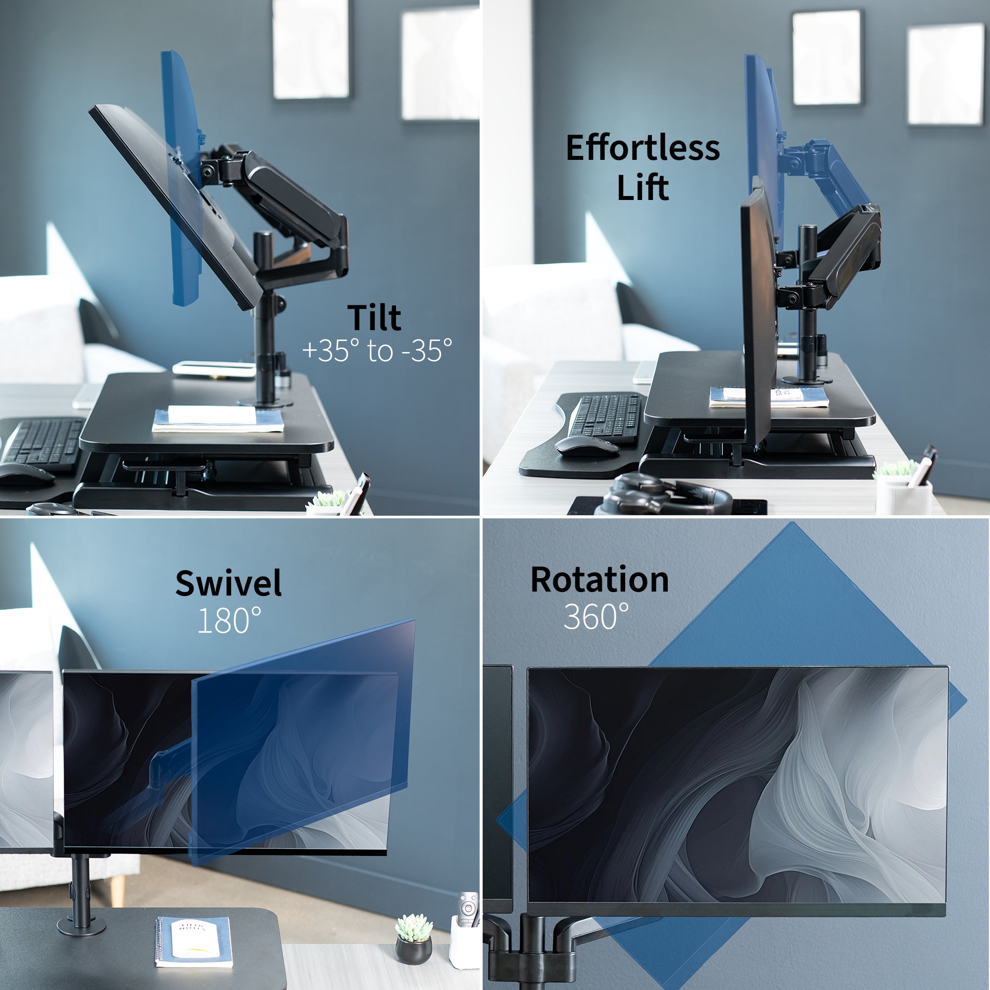 Height adjustable desk riser with articulating pneumatic dual monitor mount.