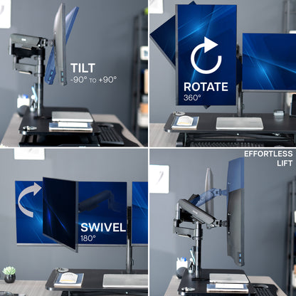 Height adjustable desk riser with articulating mechanical dual monitor mount.