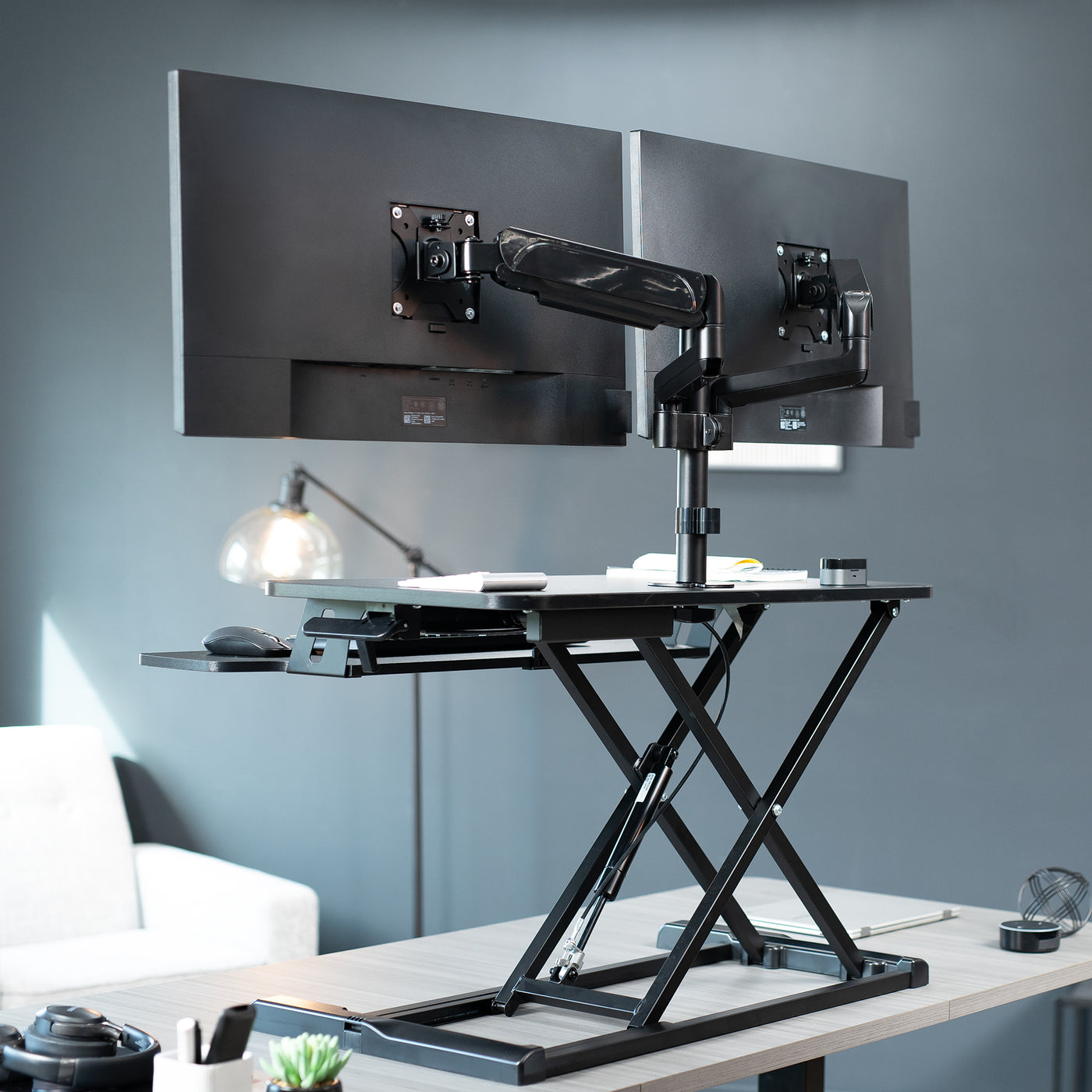 Black Desk Riser with Pneumatic Dual Monitor Mount – VIVO - desk ...
