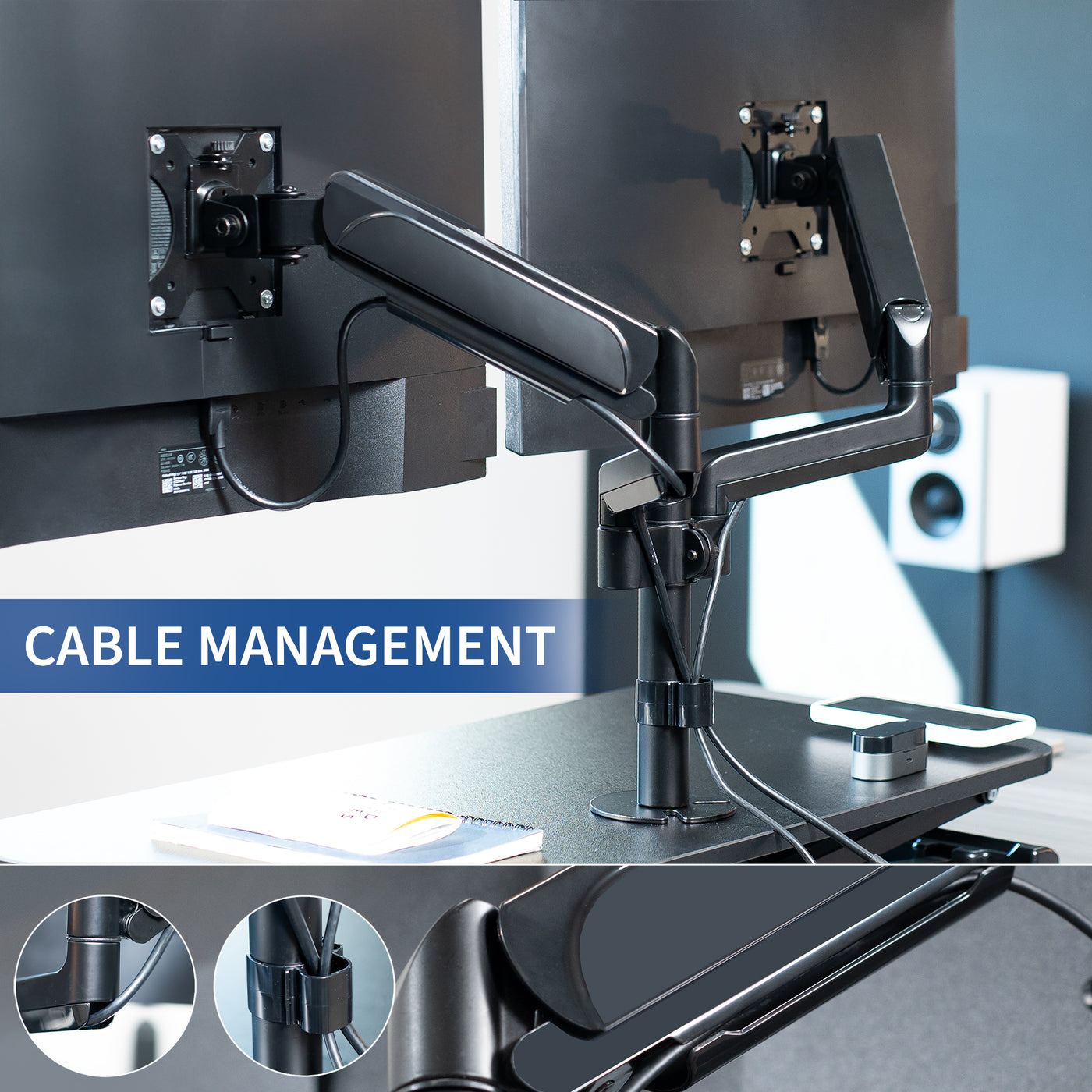 Black Desk Riser with Pneumatic Dual Monitor Mount – VIVO - desk ...
