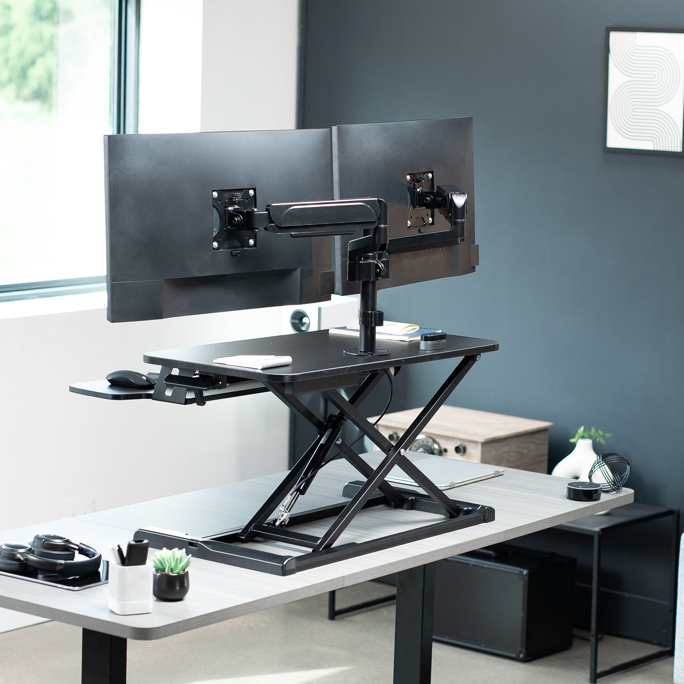 Black Desk Riser with Pneumatic Dual Monitor Mount – VIVO - desk ...