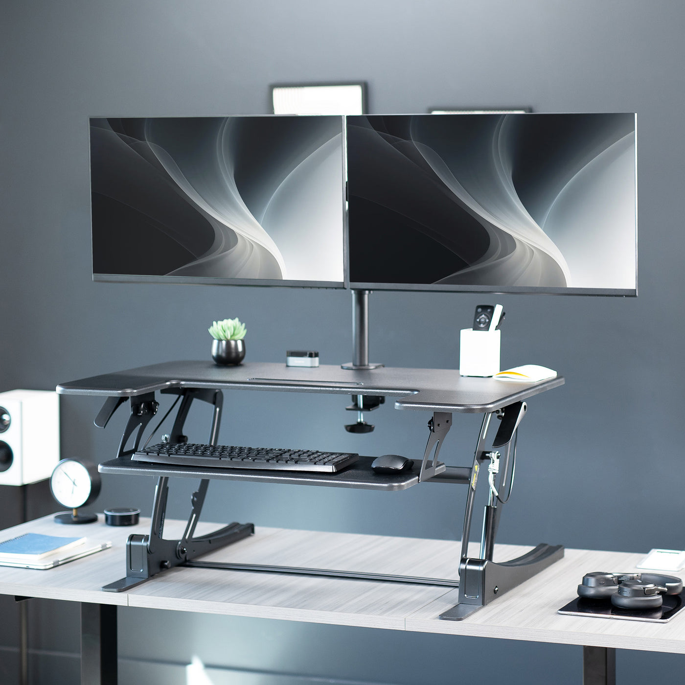 Black Desk Riser with Dual Monitor Mount – VIVO - desk solutions ...