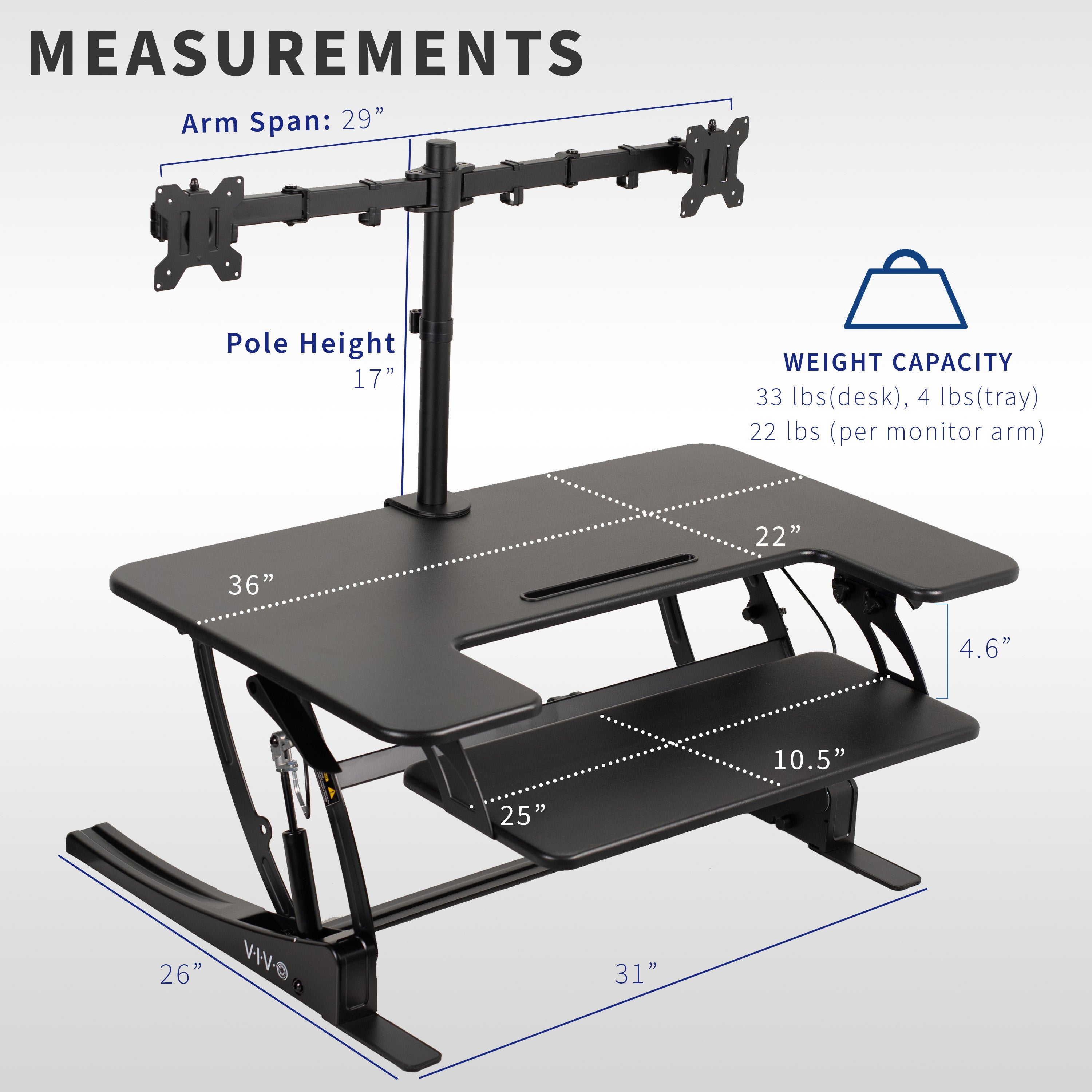 Height adjustable desk riser with articulating dual monitor mount.