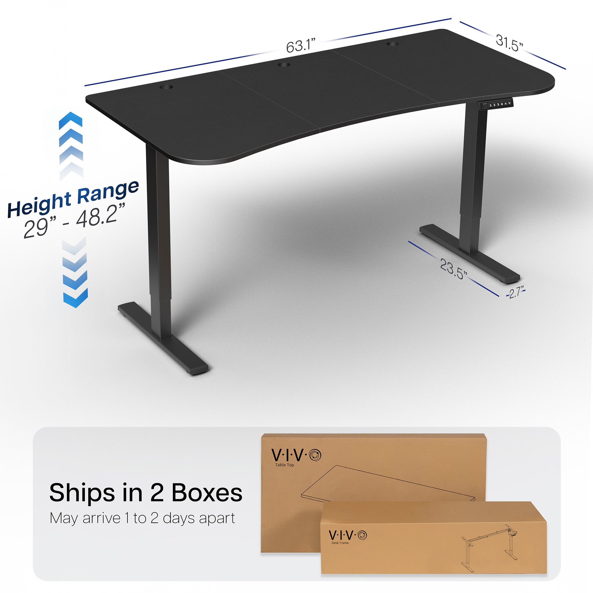 Electric, height adjustable desk that ships in two boxes. 