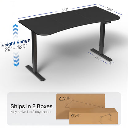 Electric, height adjustable desk that ships in two boxes. 