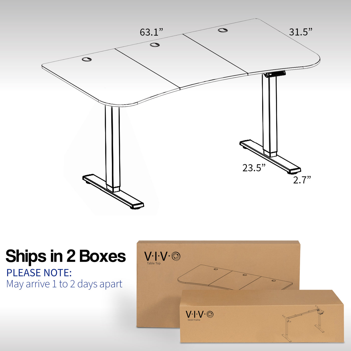 Height adjustable desk, ships in 2 boxes
