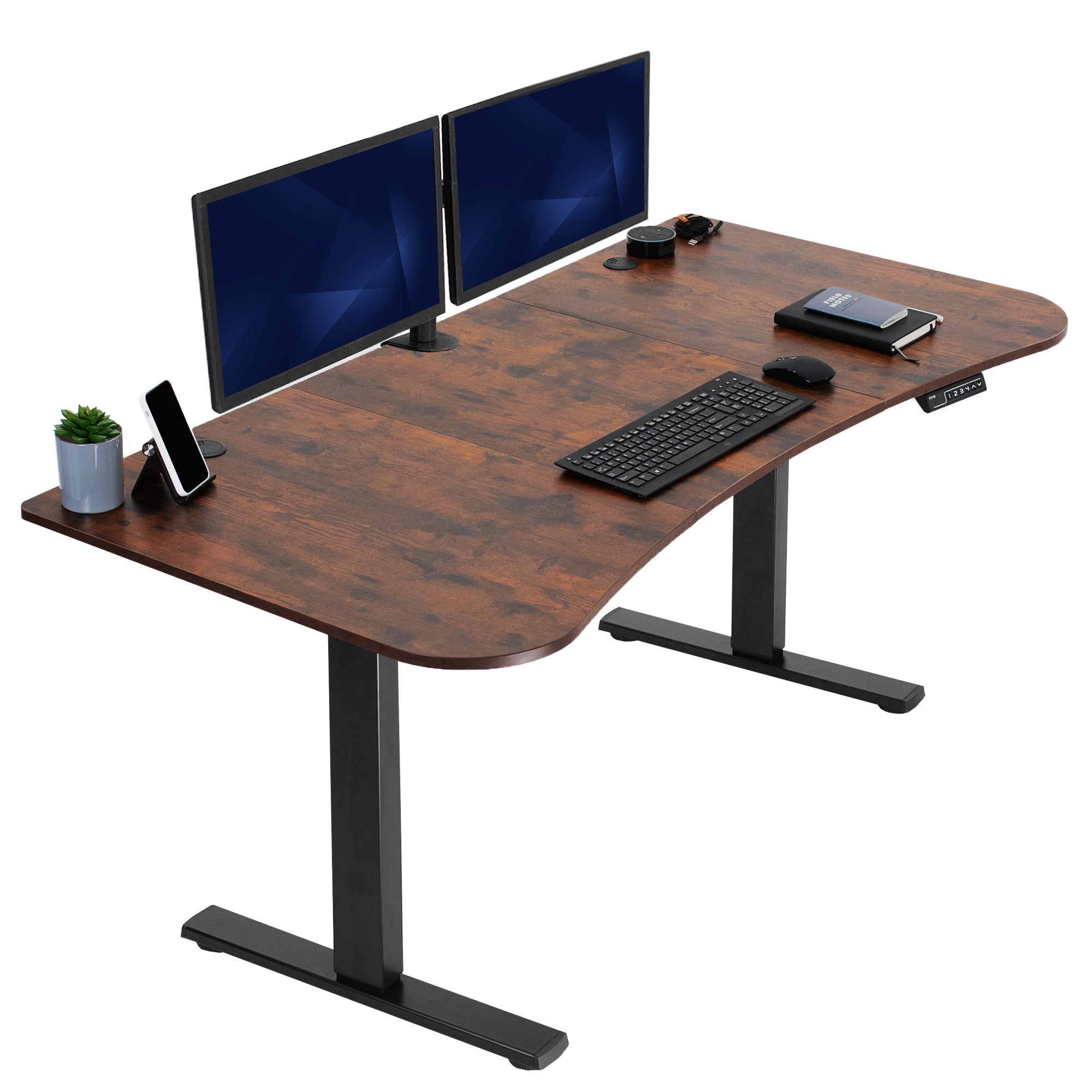 Rustic, vintage brown, electric, sit to stand, height adjustable desk.