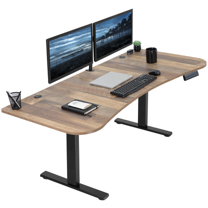 Sit to stand height adjustable electric desk with push button memory controller for ergonomic office workstation.