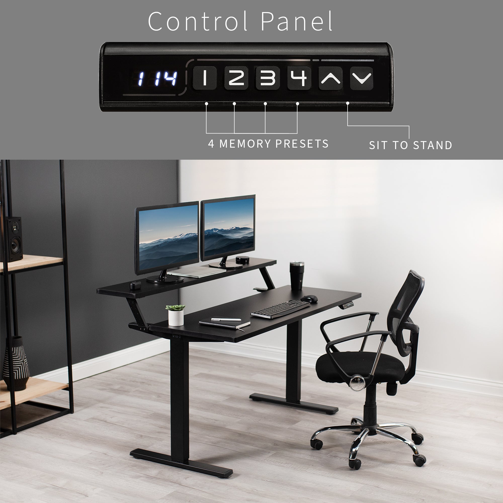 Two-tier split top desk with programmable memory controller panel.