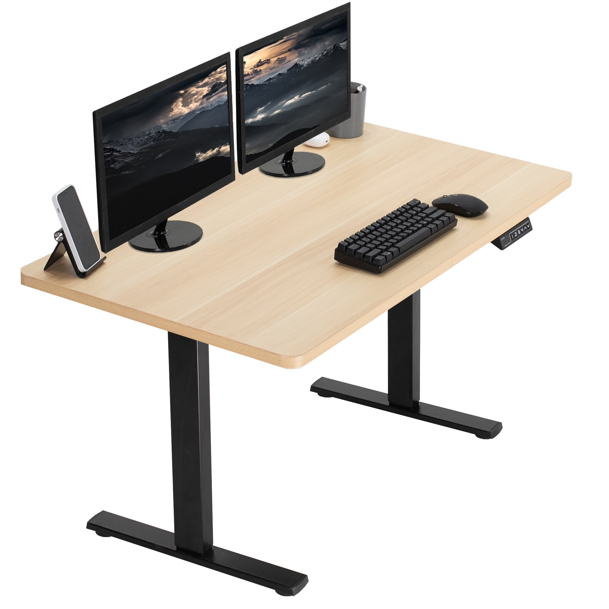 Sturdy ergonomic sit or stand active desk workstation with adjustable height using smart control panel.