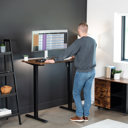 Rustic, sturdy ergonomic sit or stand active desk workstation with adjustable height using smart control panel.