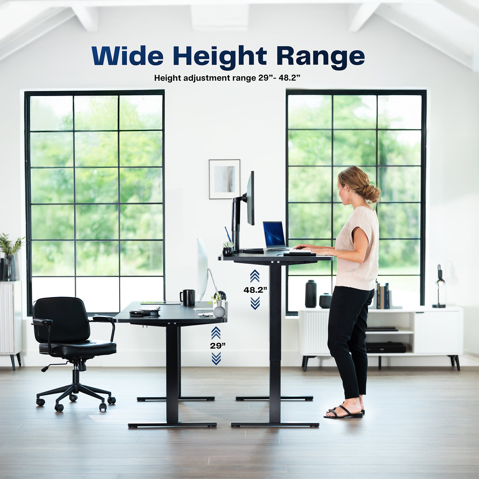 Sturdy ergonomic sit or stand active desk workstation with adjustable height using smart control panel.
