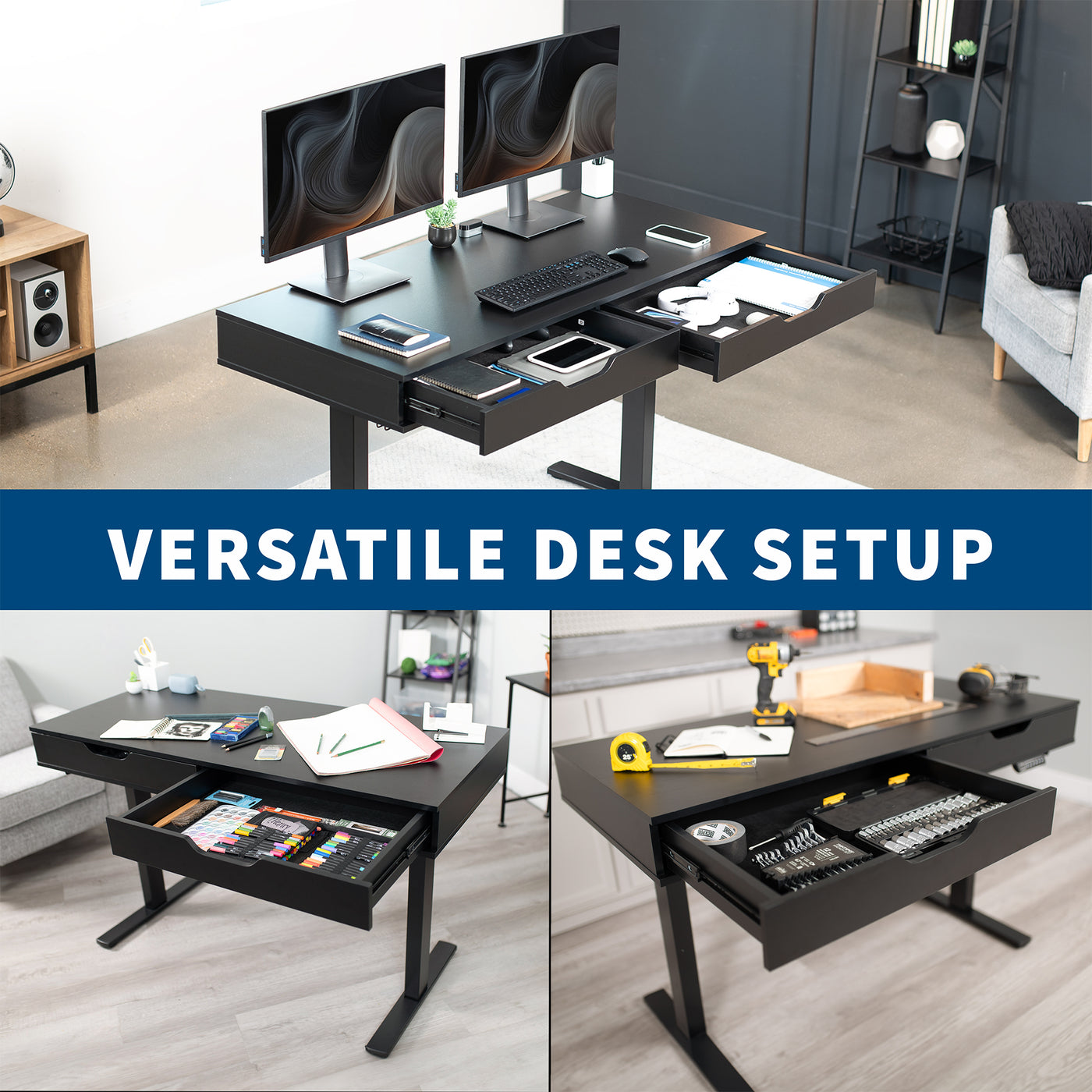Heavy-duty electric height adjustable desk with drawers, built-in power strip, and memory controller.