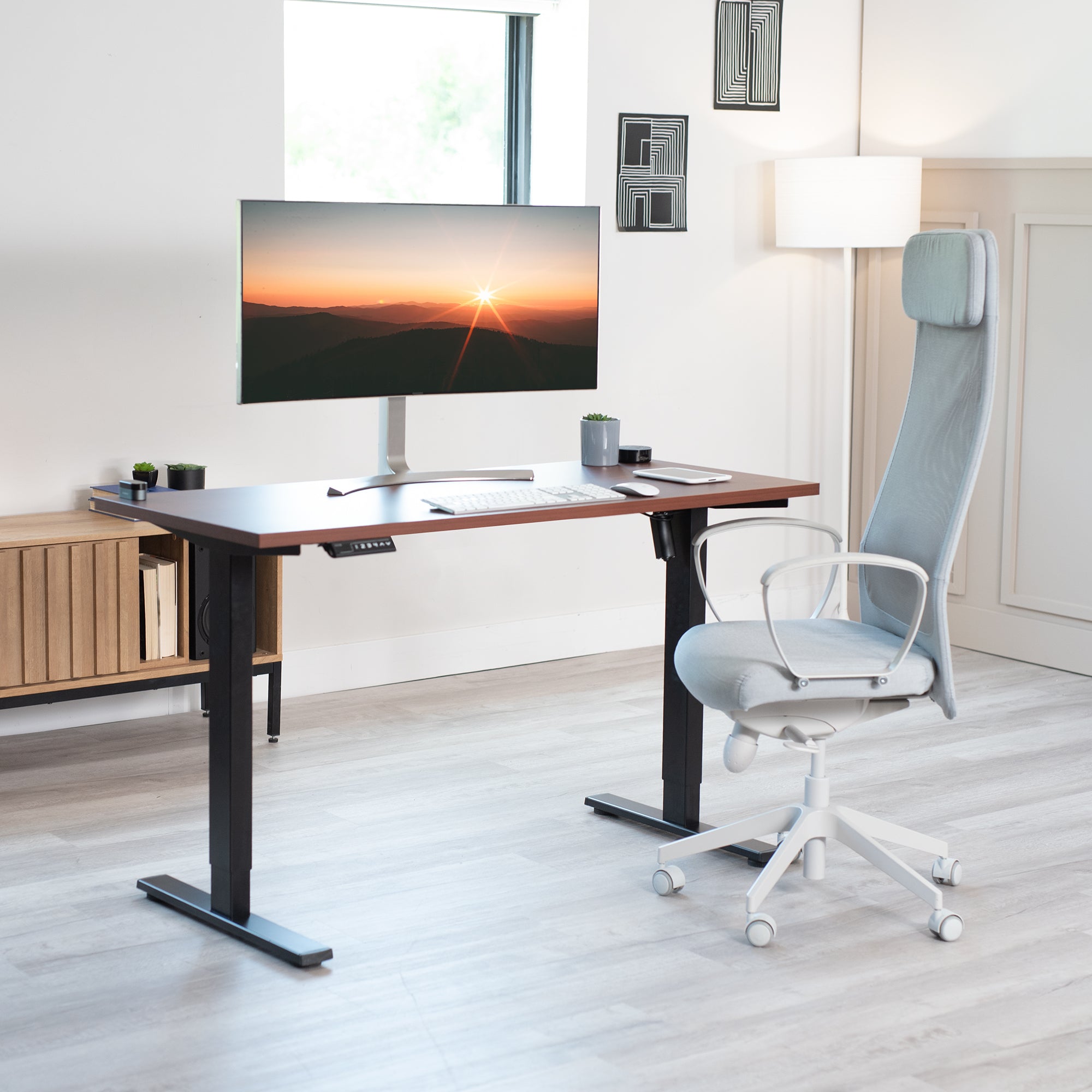 Electric Height Adjustable 55 x 24 inch Memory Stand Up Desk, Solid One-Piece Square Corner Table Top