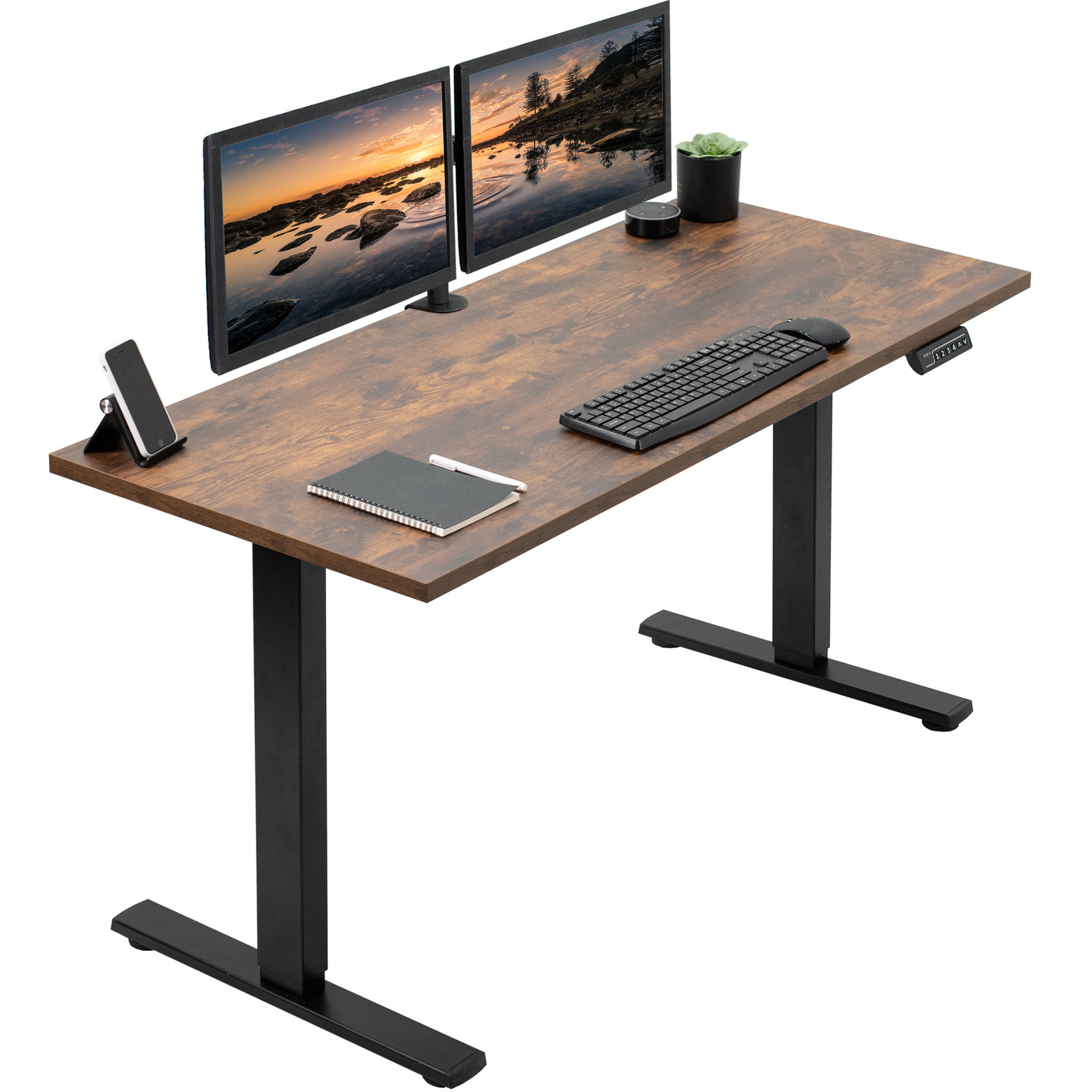  Electric Height Adjustable 55 x 24 inch Memory Stand Up Desk, Solid One-Piece Rustic Square Corner Table Top