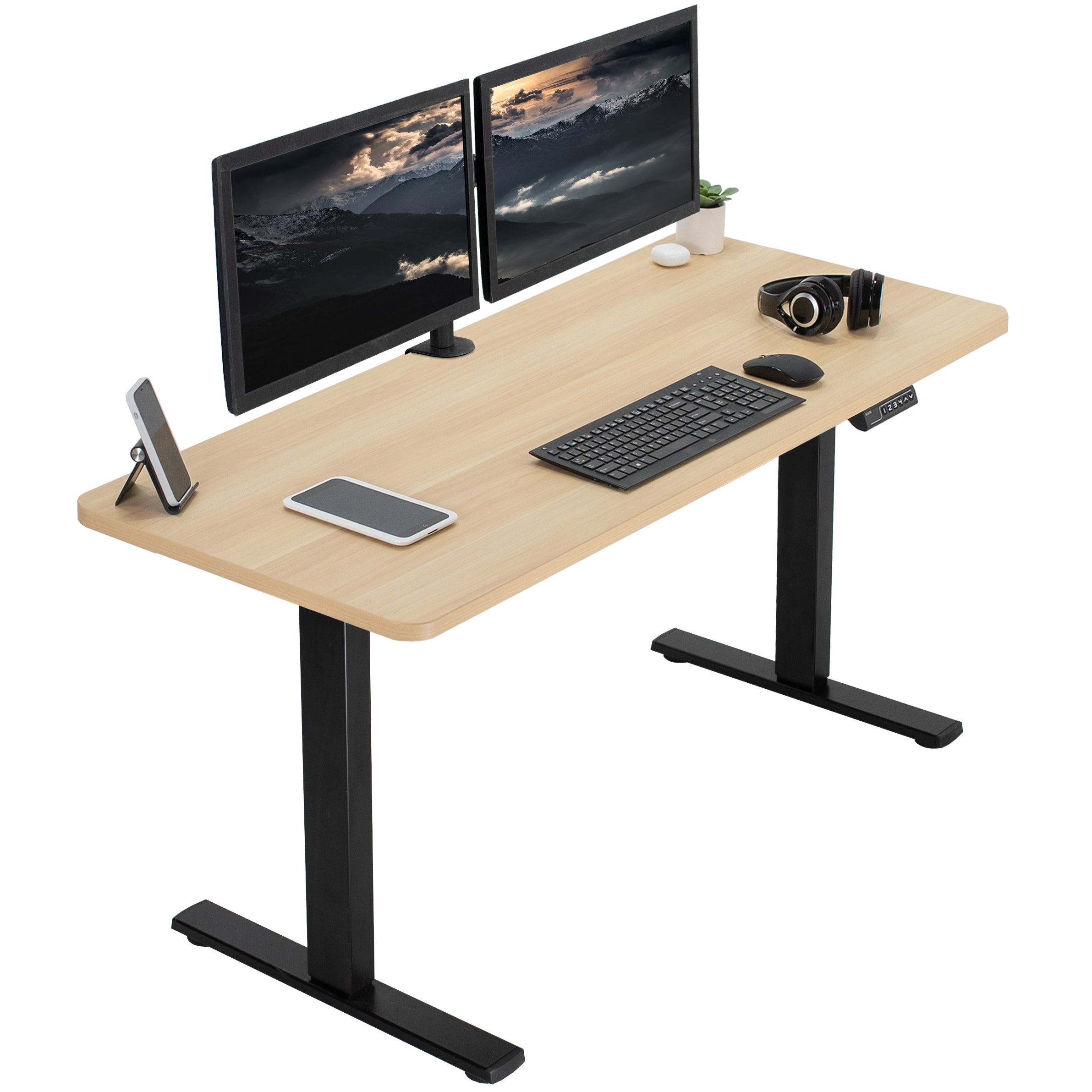 Sturdy ergonomic sit or stand active desk workstation with adjustable height using smart control panel.