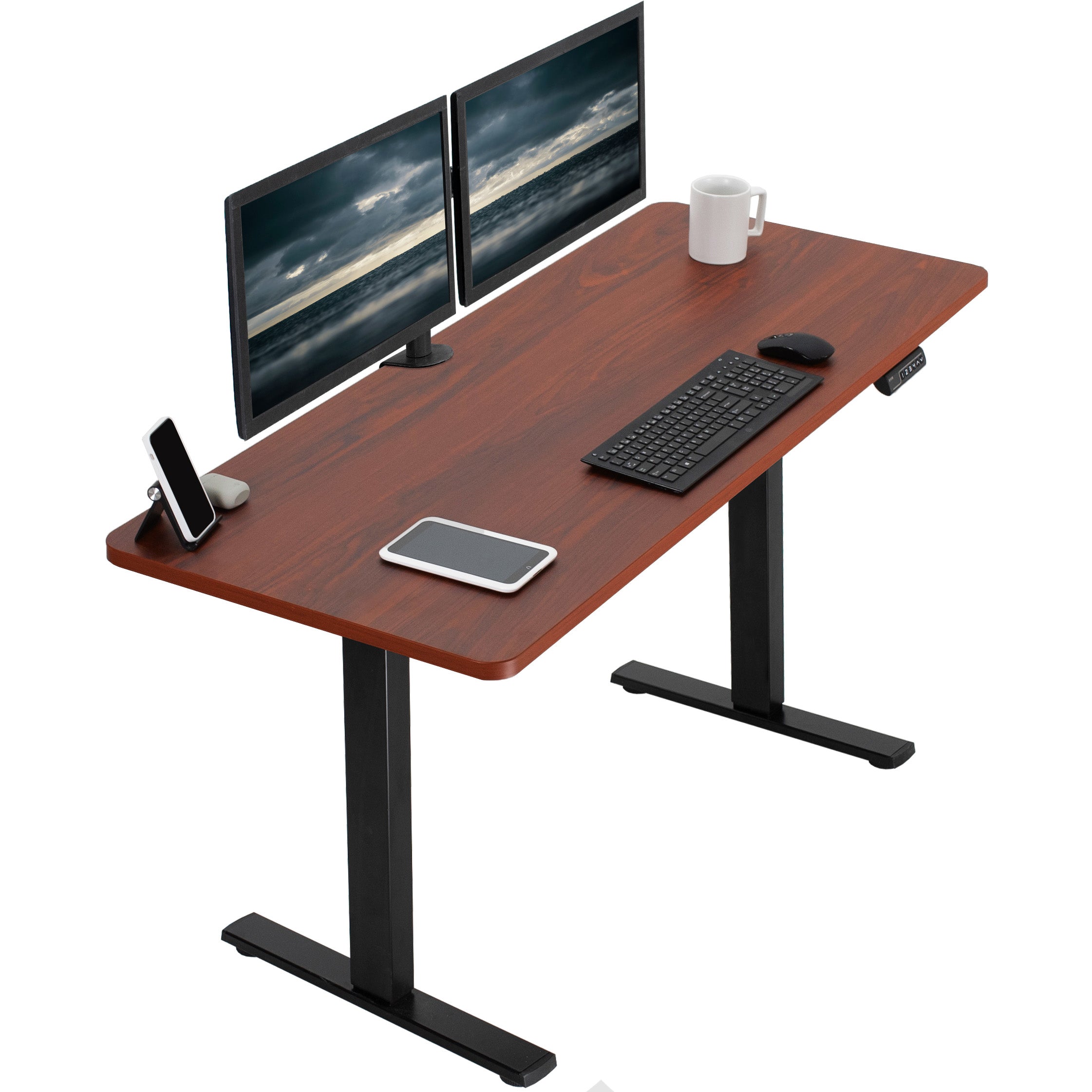 Sturdy ergonomic sit or stand active desk workstation with adjustable height using smart control panel.