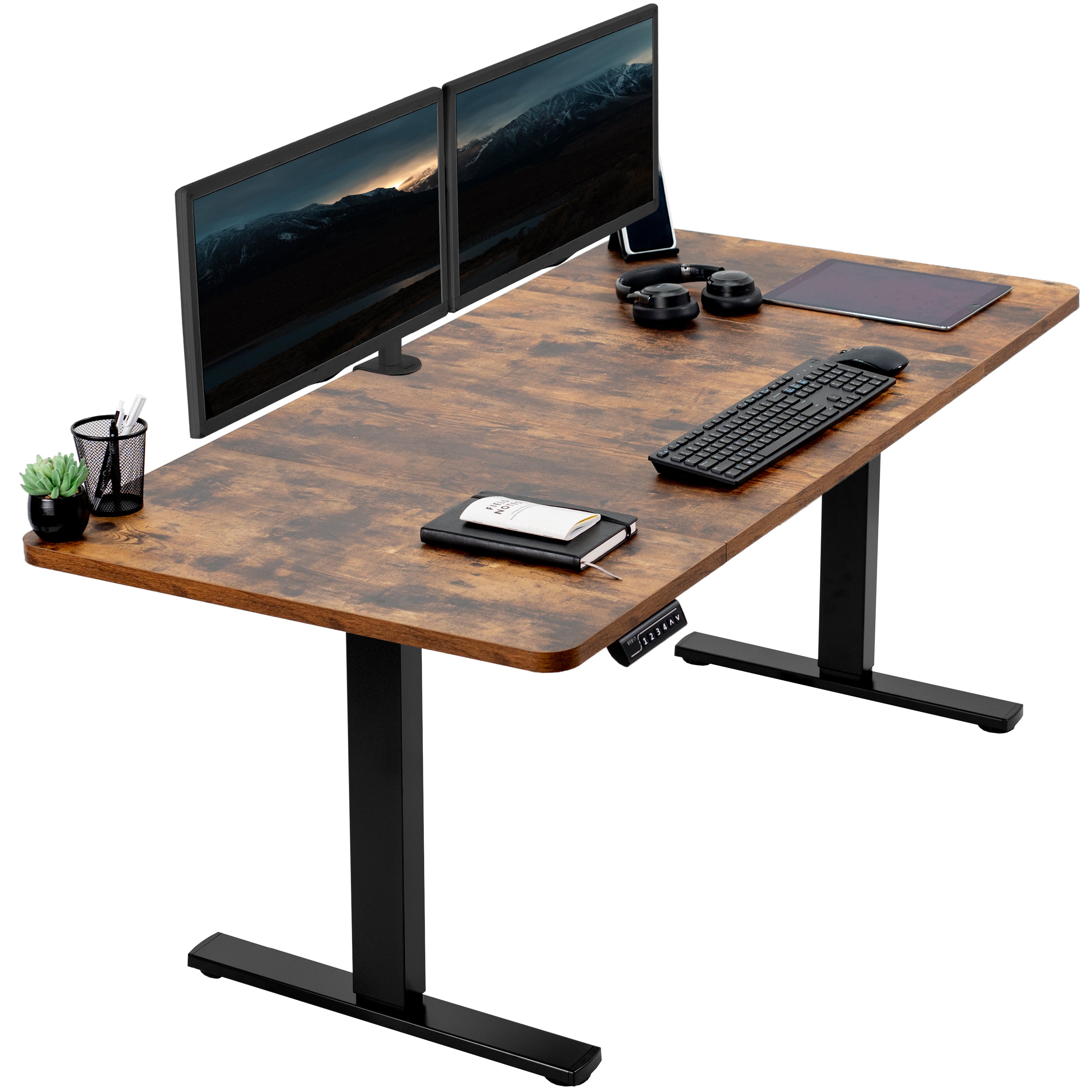 Rustic sturdy ergonomic sit or stand active desk workstation with adjustable height using smart control panel.