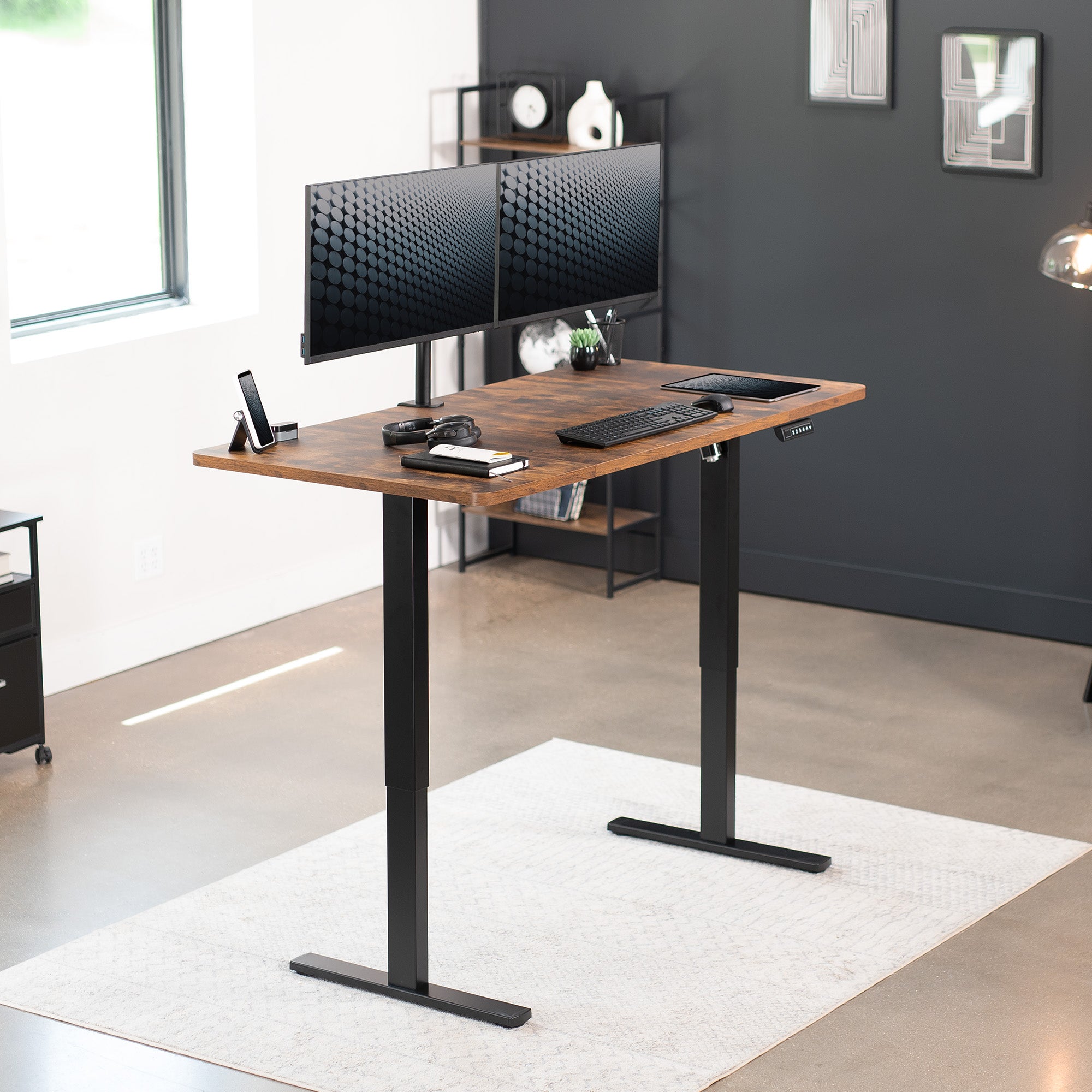 Rustic sturdy ergonomic sit or stand active desk workstation with adjustable height using smart control panel.