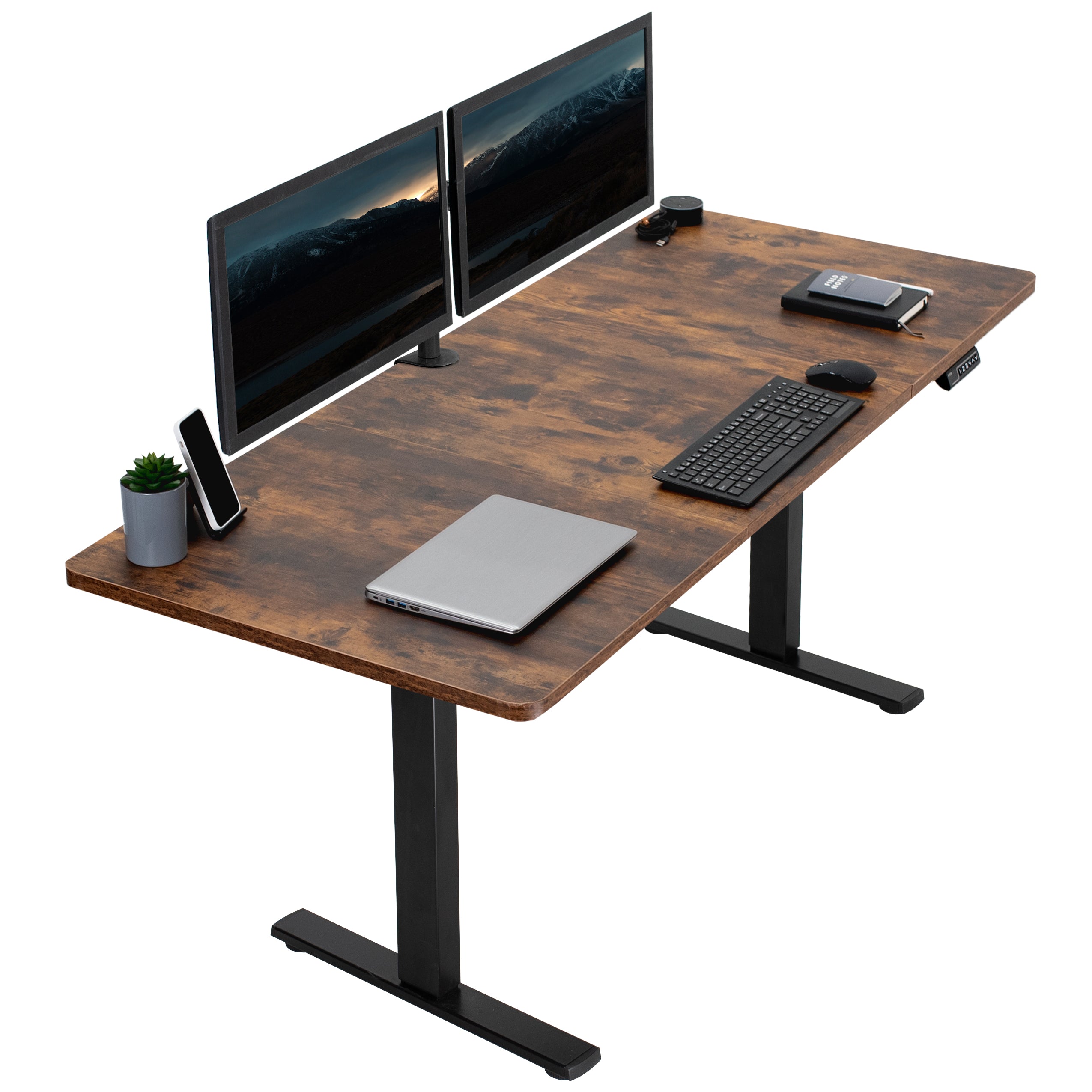 Large, rustic, sturdy sit or stand active workstation with adjustable height using smart control panel.