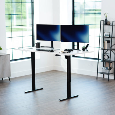 Large sturdy sit or stand modern desk with electric height adjustment options.