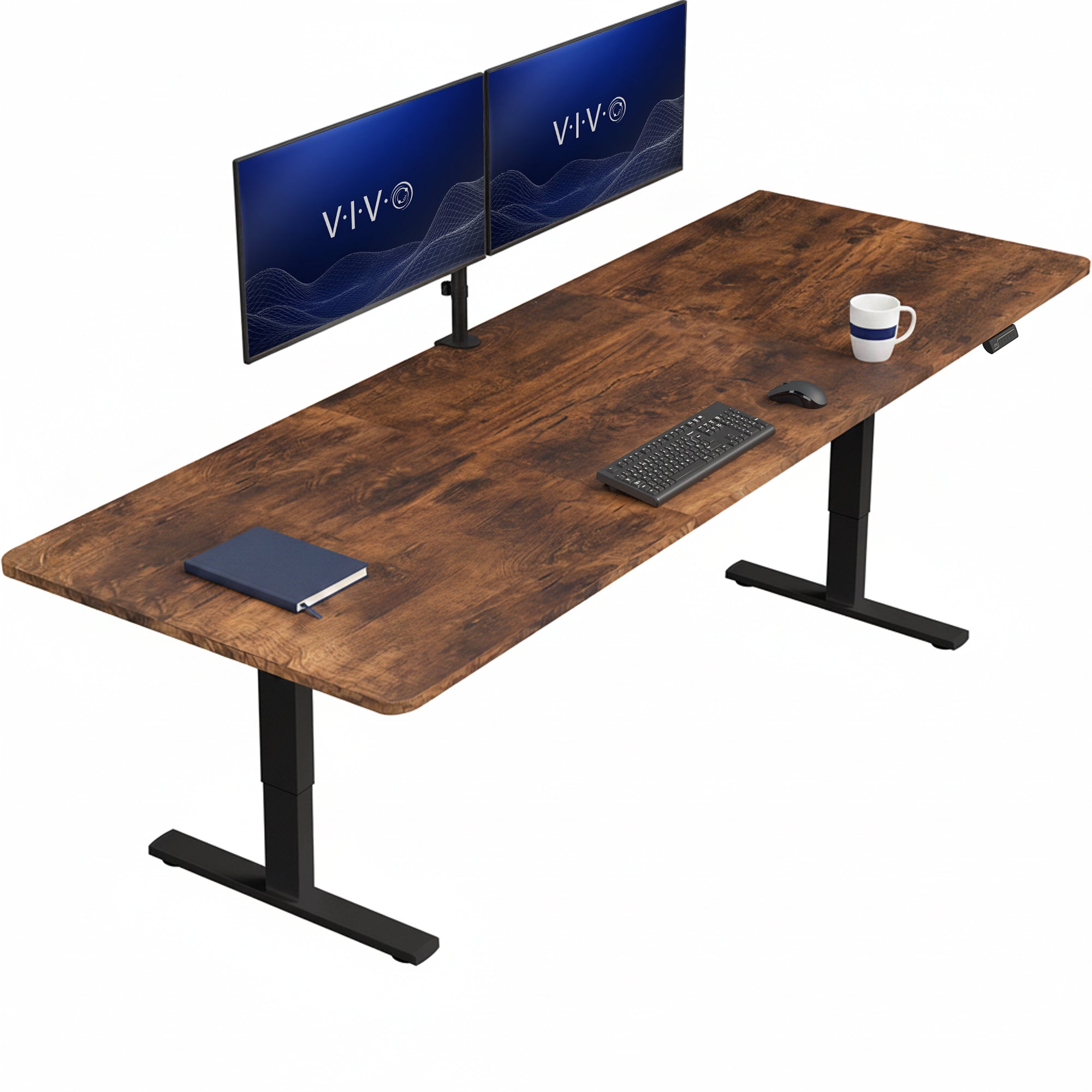 Vintage brown / black desk with two monitors, keyboard, and mug on a white background.