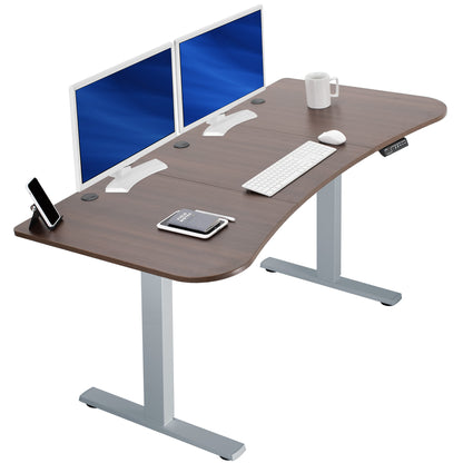 Dark walnut top grey frame, electric, sit to stand, height adjustable desk.