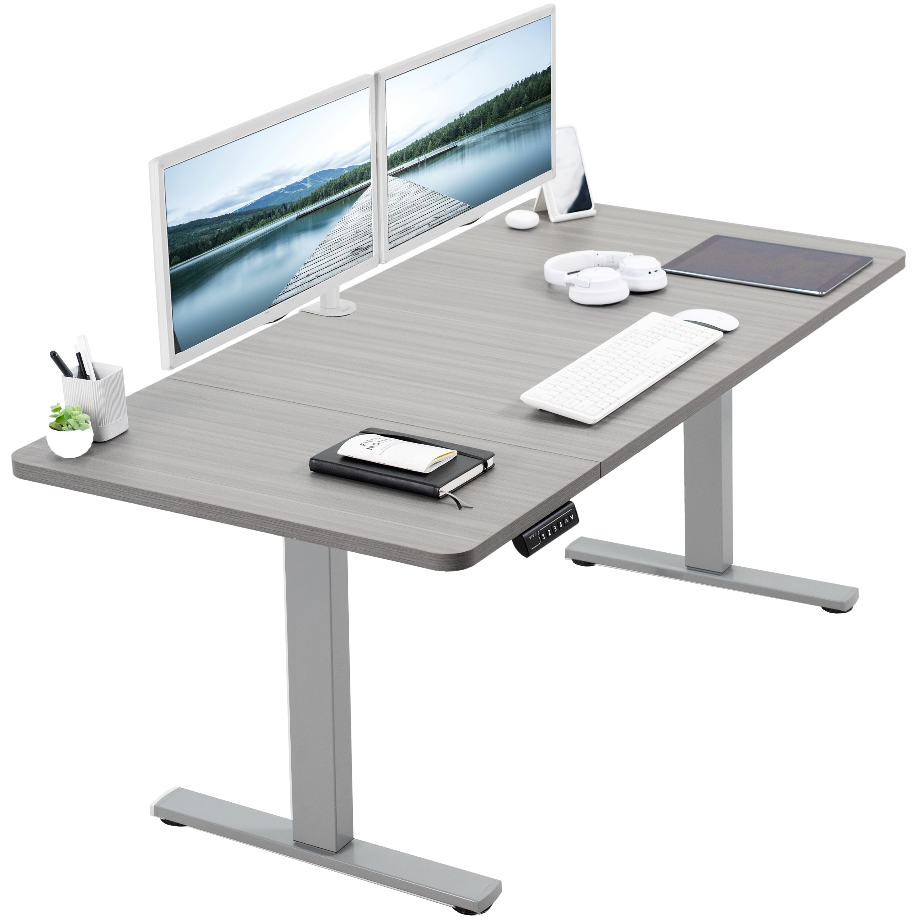 Sturdy ergonomic sit or stand active desk workstation with adjustable height using smart control panel.