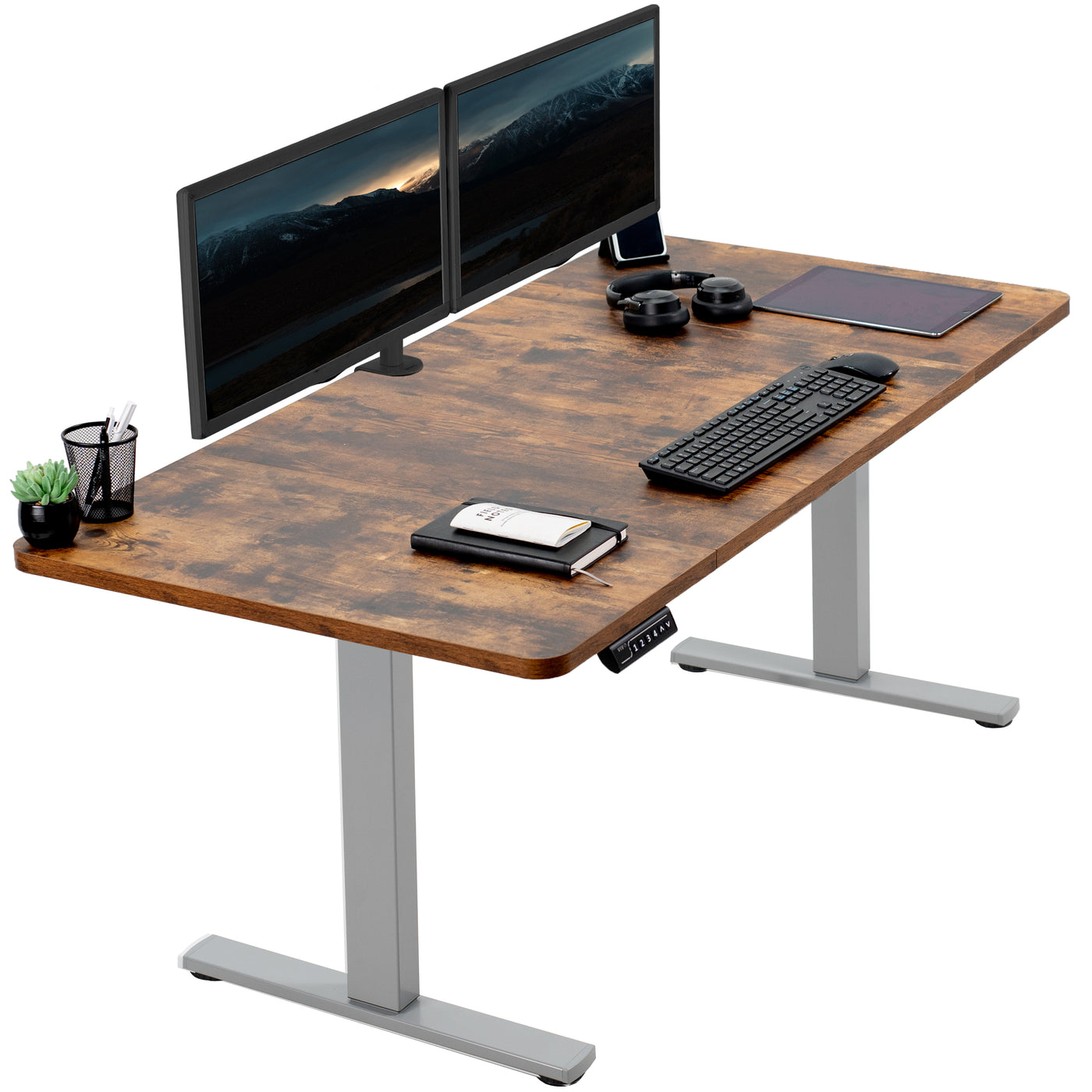 Rustic sturdy ergonomic sit or stand active desk workstation with adjustable height using smart control panel.